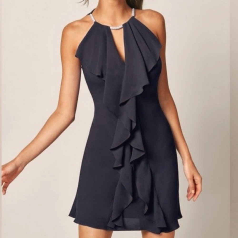Venus Cocktail Dress Ruffled With Rhinestones Embellishments Size 4 Black